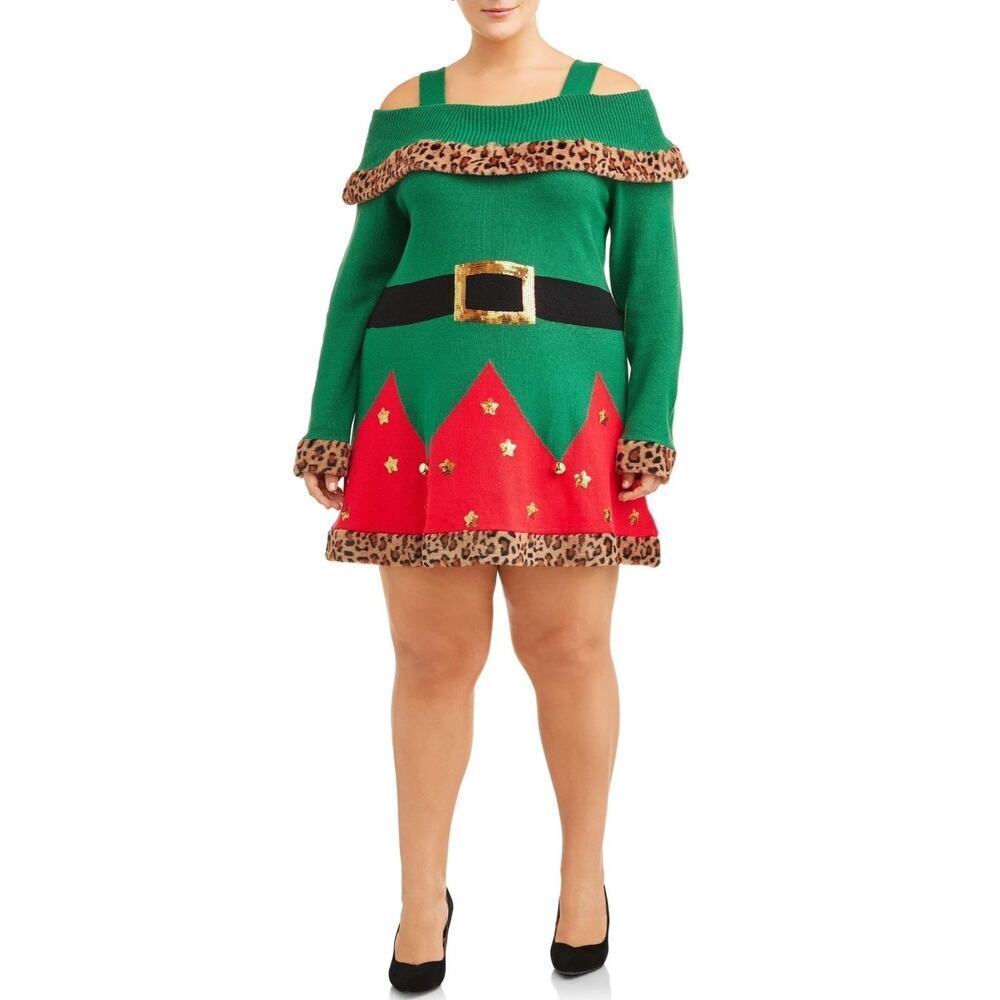 Mrs. Claus Christmas New Sweater Dress XL 16/18 Leopard Print Knit Cold Shoulder